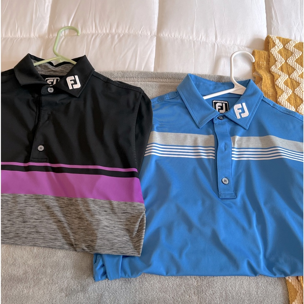 2 Footjoy polos, size M. Athletic fit and both in pristine condition